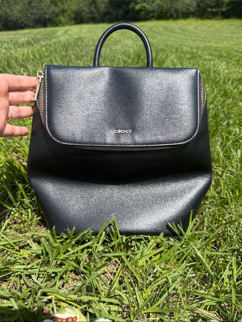 DKNY Black Saffiano-Texture Leather Backpack with Top Handle